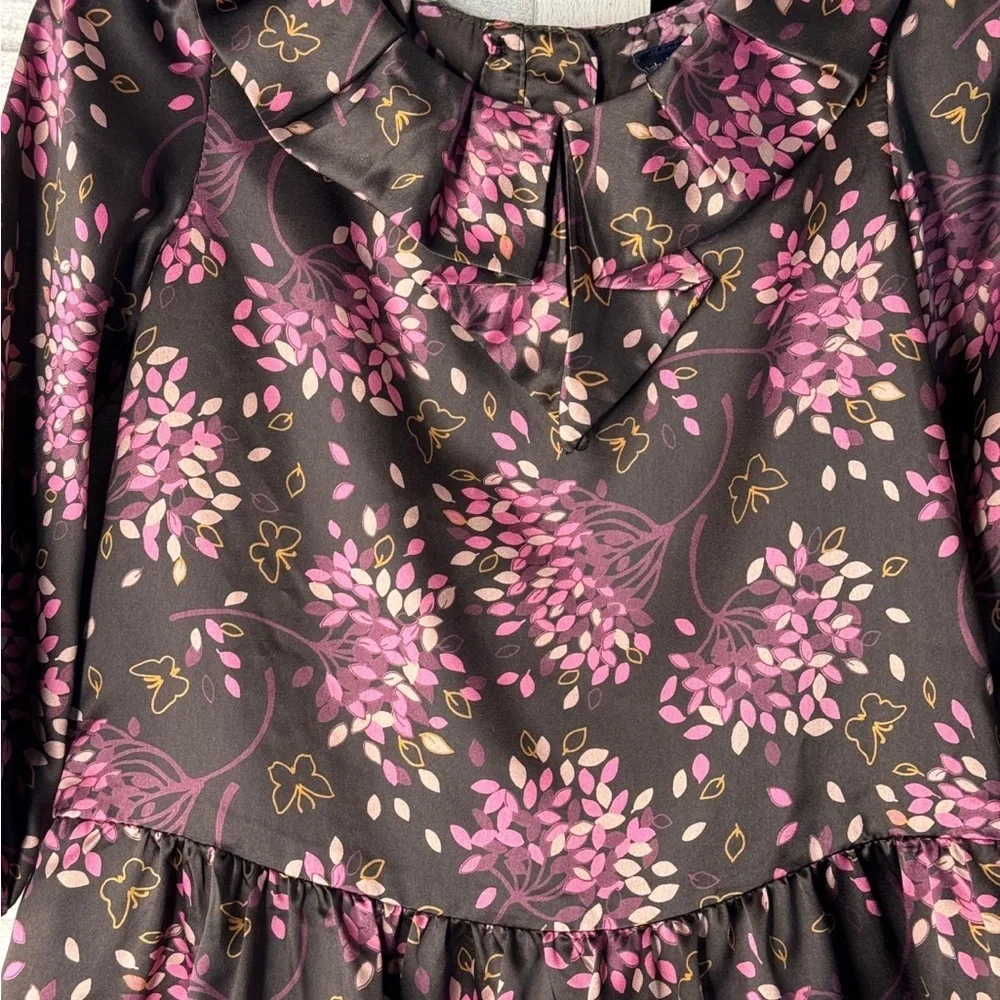 GAP Toddler Girls Satin Floral Ruffle Dress Brown Pink Tiered SZ 2T Cottagecore